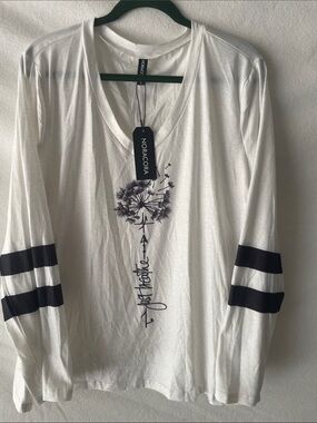 NORACORA White V‑Neck Long Sleeve Tee with Black Graphic and Sleeve Stripes